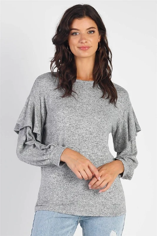 Heather Grey Ruffle Shoulder Detail Long Sleeve Top