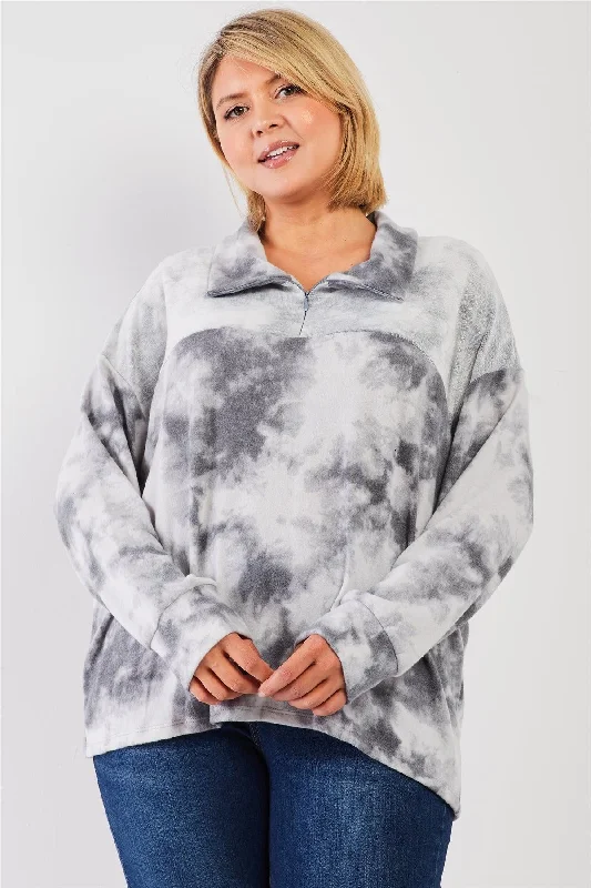 Junior Plus Graphite Tie-Dye Print Fleece Combo Plush Collared Neck Long Sleeve Loose Fit Top /3-2-1