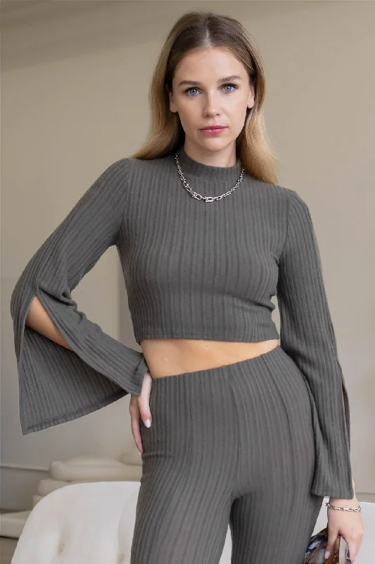 Olive Ribbed Long Sleeve Crop Top /3-2-1