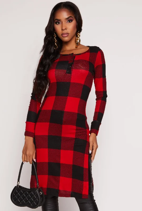 Plaid Side Slit Long Sleeve Tunic Top