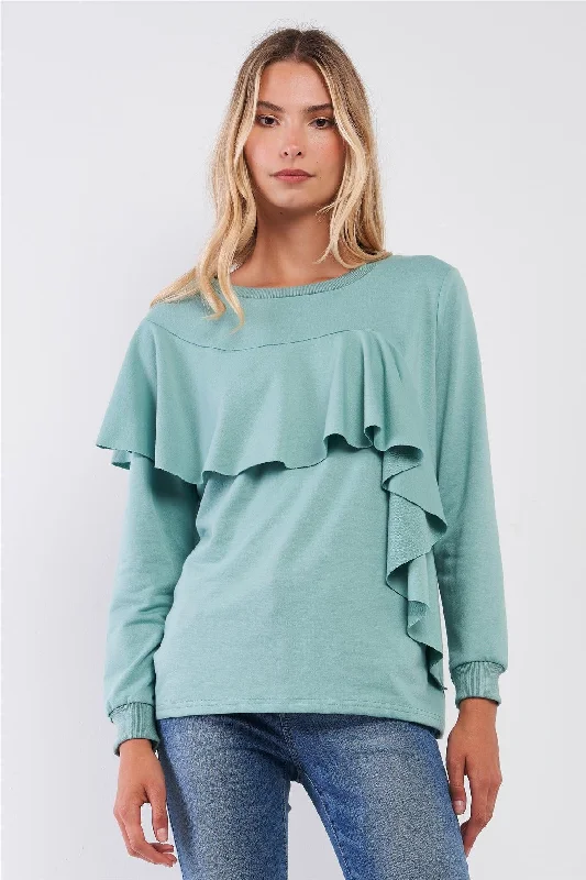 Sage Ruffled Crew Neck Long Sleeve Top