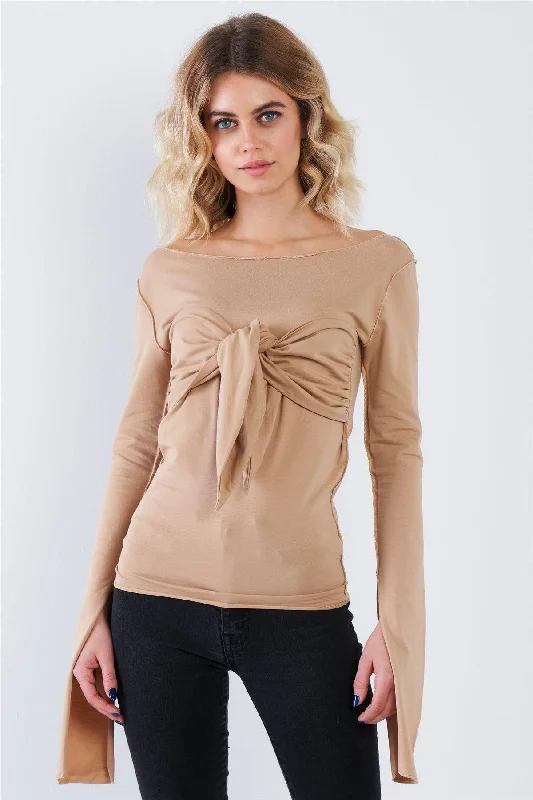 Tan Long Sleeve Front Tie Top