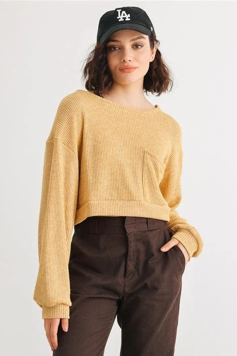 Dusty Yellow Knit Round Neck Long Sleeve One Pocket Top