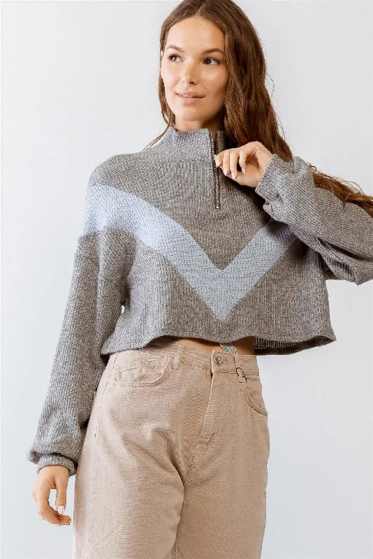 Grey & Blue Waffle Knit Zip-Up Long Sleeve Crop Top /1-2-2-1