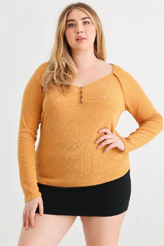 Junior Plus Mustard Ribbed Button Neck Long Sleeve Top /3-1-1