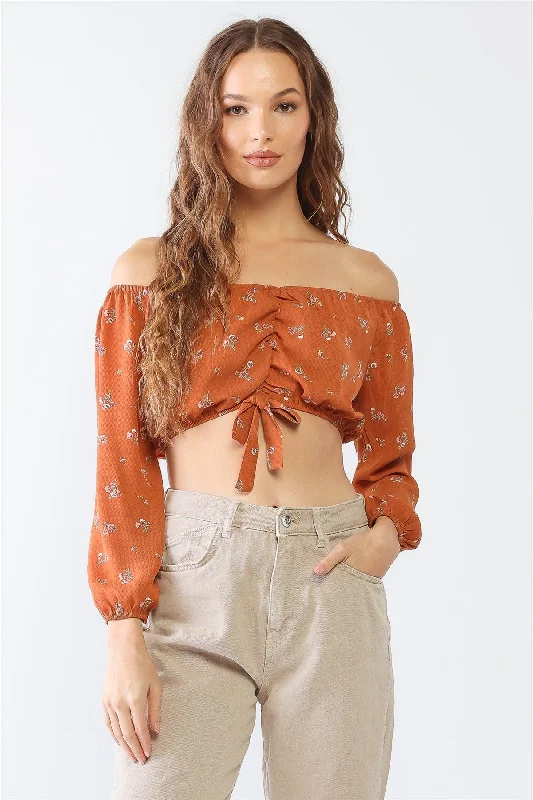 Floral Off-The-Shoulder Long Sleeve Ruched Crop Top