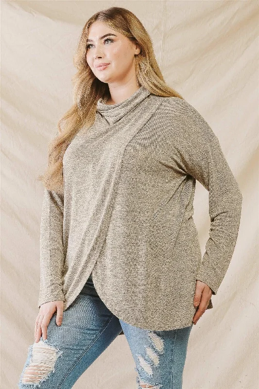 Junior Plus Taupe Turtle Neck Wrap Hem Long Sleeve Top /2-2-1