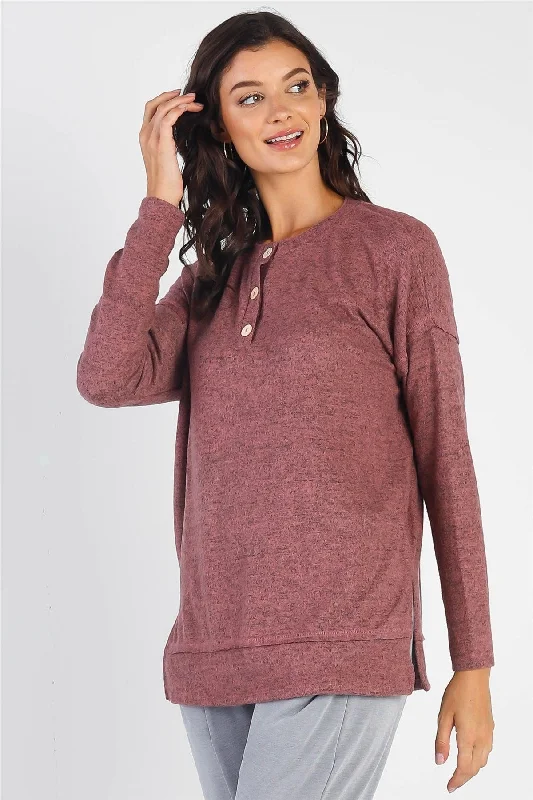 Mauve Flannel Button-Up Trim Long Sleeve Top