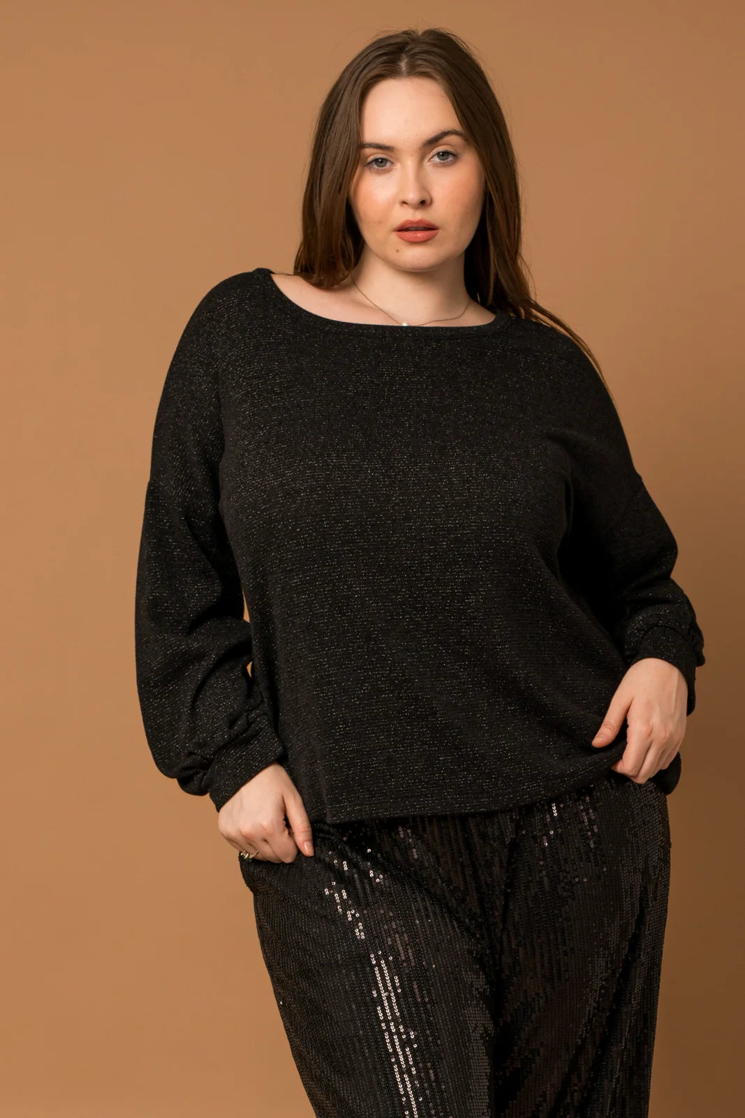 Plus Size Glitter Long Sleeve Open Back Knit Top